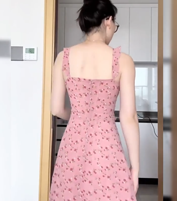 Beautiful Pink Floral Ruffles Long Holiday Dress Straps Vacation Dress YM2329