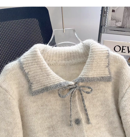 Cute Beige Sweater Cardigan With Bow YM2451