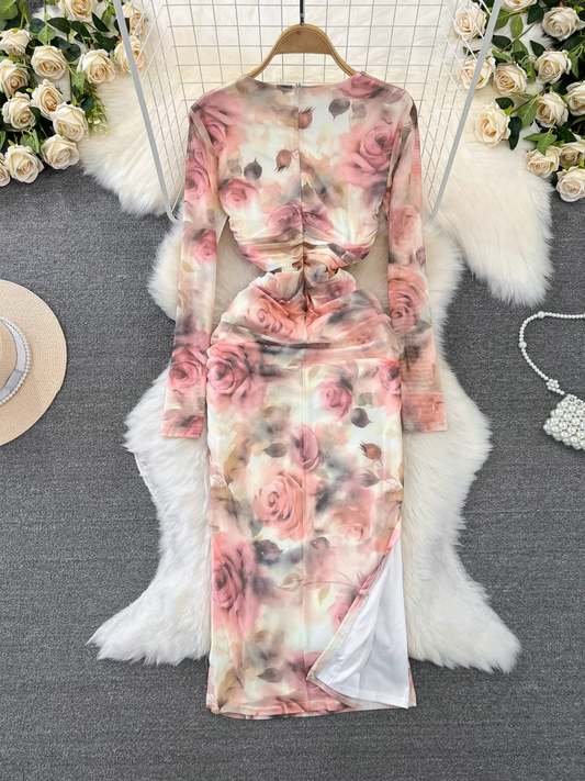 Long-sleeve padded square-neck mid-length slit printed dress YM883