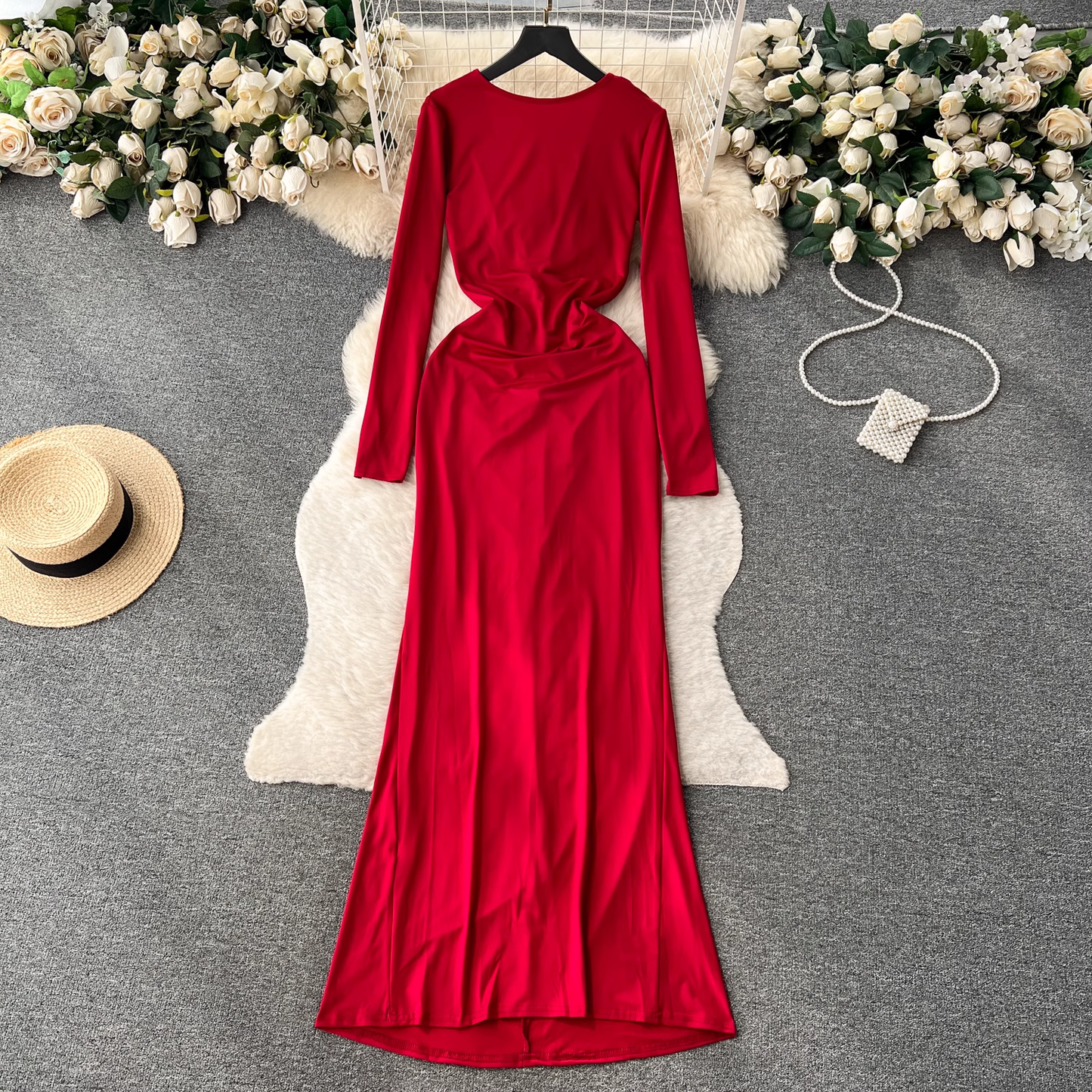 Deep V-neck low-cut pleated mid-length summer dress YM443