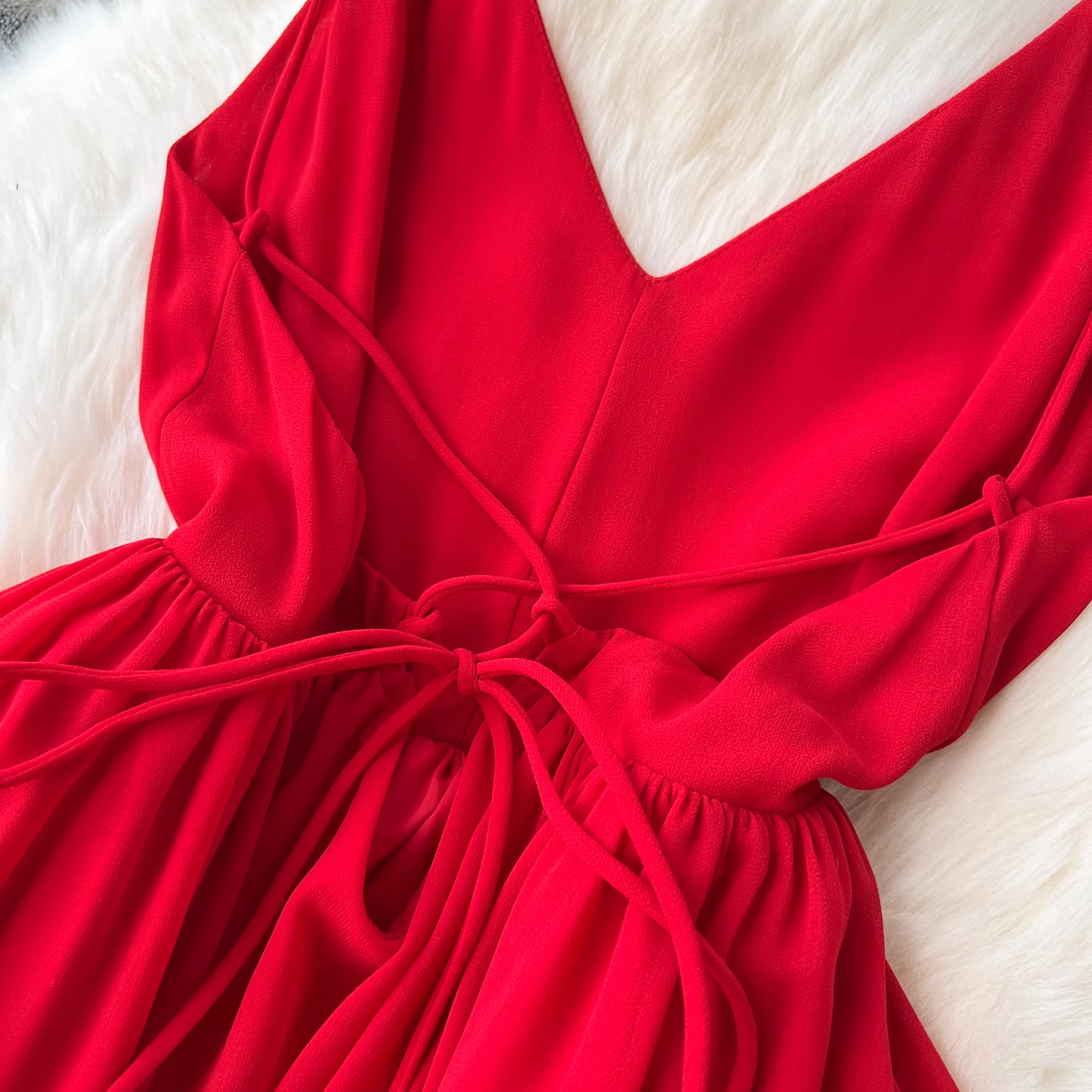 Red V-neck suspender chiffon long dress YM1197