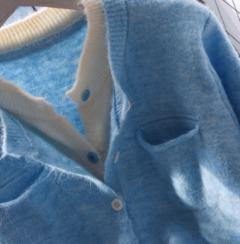 Blue Round Neck Fake Two-piece Soft And Stylish Sweater Cardigan YM2354