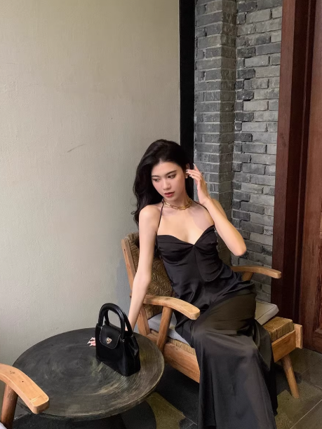 Sexy halter black satin long party dress sheath prom dress YM1968