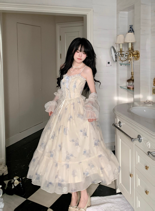 Gentle And Sweet Printed Tulle Stitching Lace Straps Party Dress YM2036