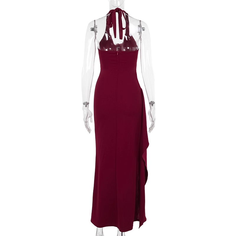 Red Halter V-neck Party Dress Sexy Slit Sheath Long Vacation Dress YM2208