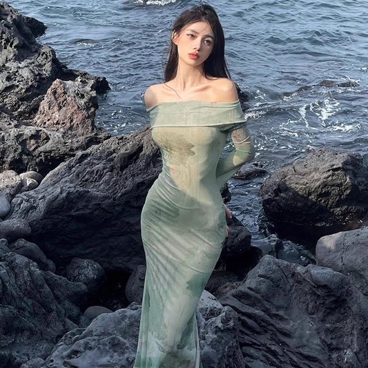 Green Printed Floral One-Shoulder Vacation Dress Sexy Seaside Long Holiday Dress YM2279