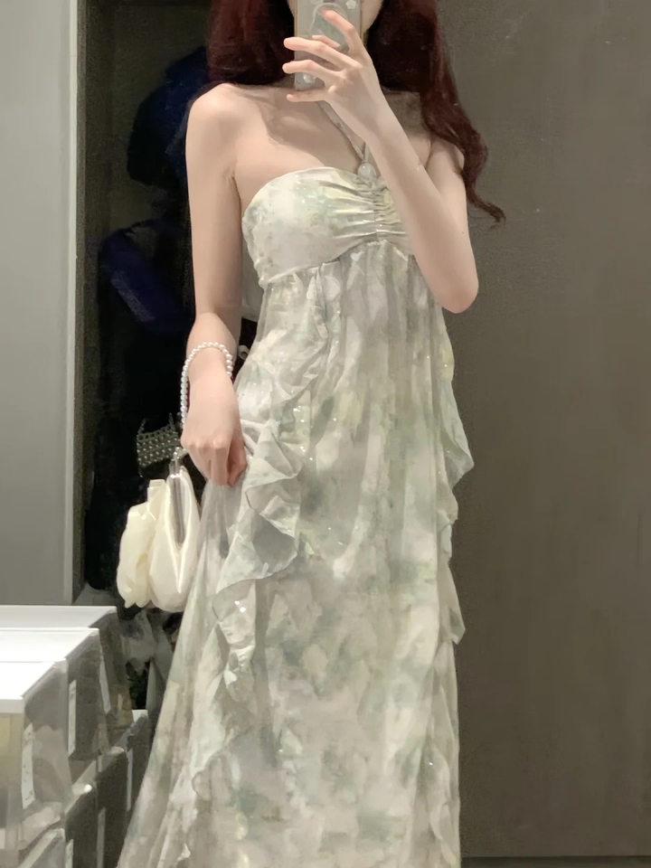 Classy Green Sea side Holiday Long Dress Halter Neck Strapless Party Dress YM2310