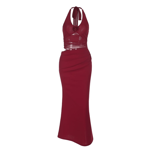 Red Halter Birthday Dress Sexy V Neck Sheath Long Vacation Dress YM2262