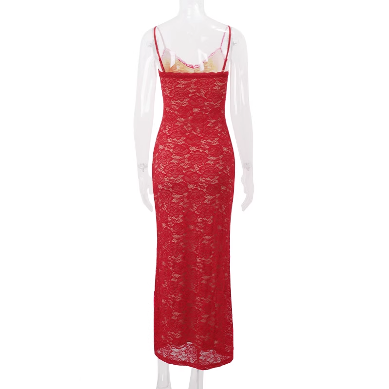 Pretty Straps Red V Neck Lace Vacation Dress Long Party Dress YM2199