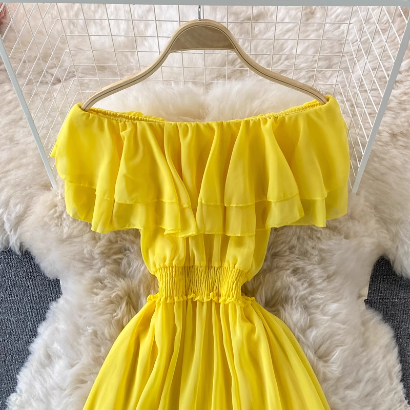 Off-the-shoulder one-shoulder ruffled chiffon dress , YM197