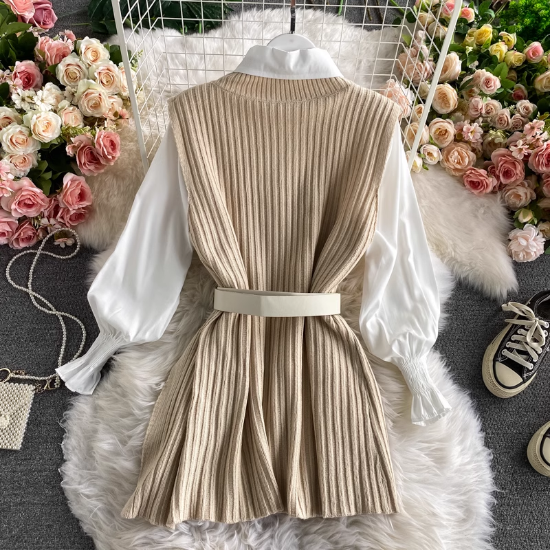 Long Shirt Tie Knitted Vest Two-Piece Set, YM259