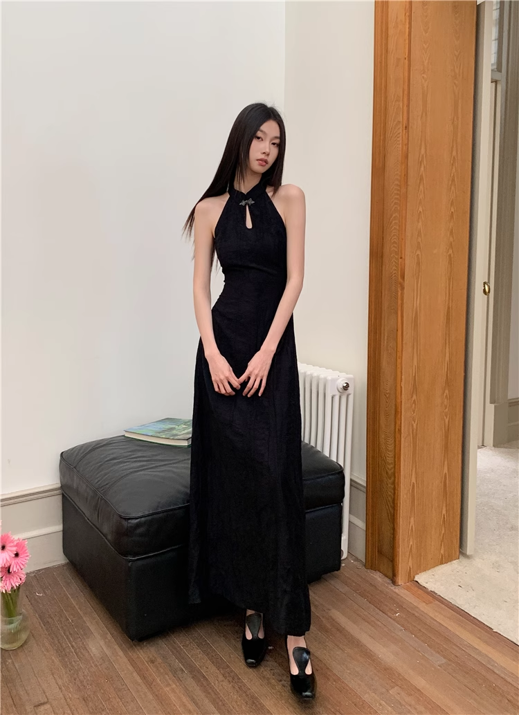 Halter Black Long Party Dress High-End A Line Sleeveless Prom Dress YM1798