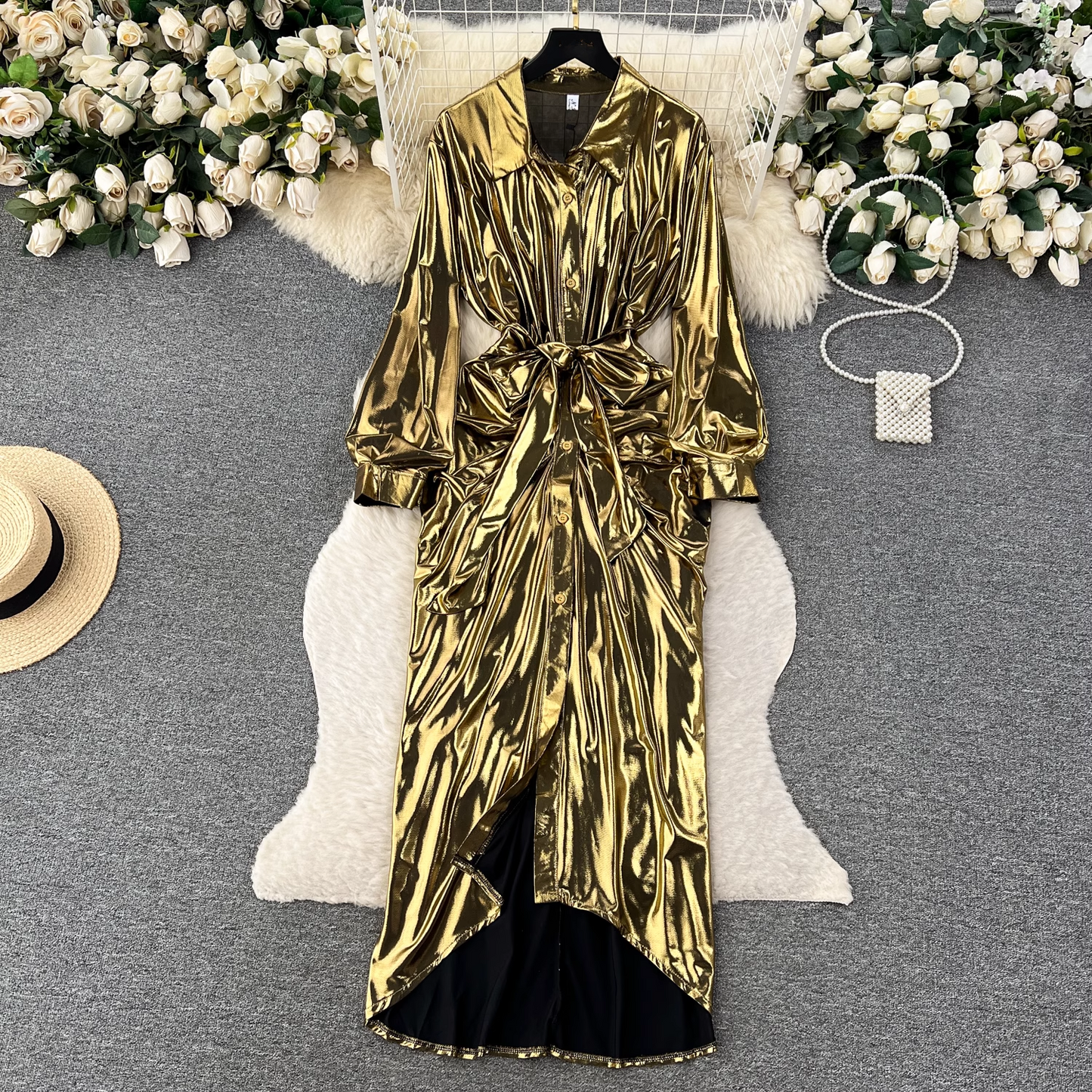 Designed pleated strappy shirt dress casual summer dress for women YM608