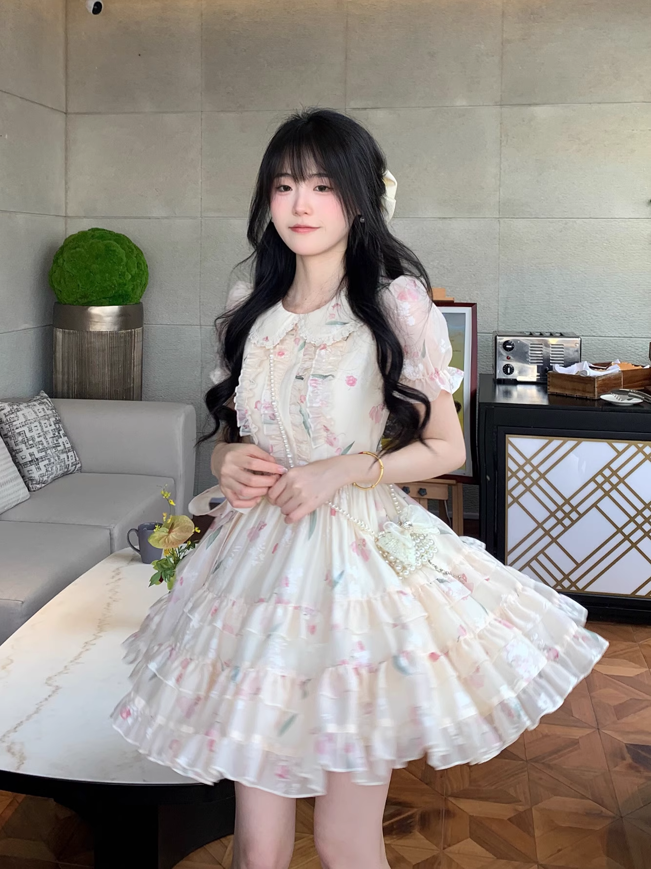 Sweet Tulip Print Baby Doll Neck Multi-Level Skirt Dress YM2032