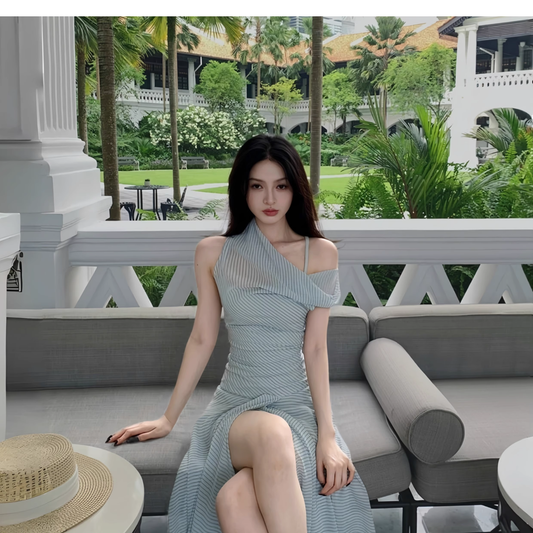Elegant Blue Off The Shoulder A Line Long Vacation Dress Women Dress YM2204