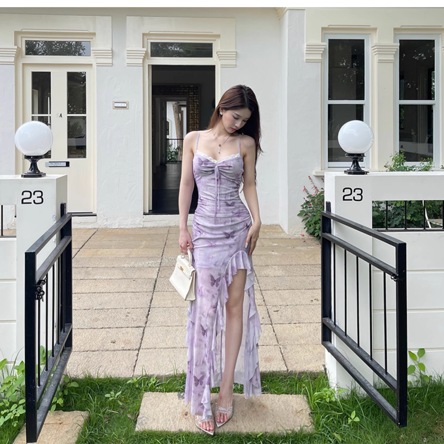 Purple Butterfly Print Suspender Vacation Dress New Irregular Long Holiday Dress YM2261