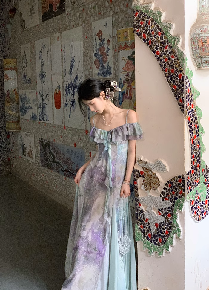 Chiffon Fairy Waist Off Shoulder Straps Prom Dress Birthday Party Dress YM2023