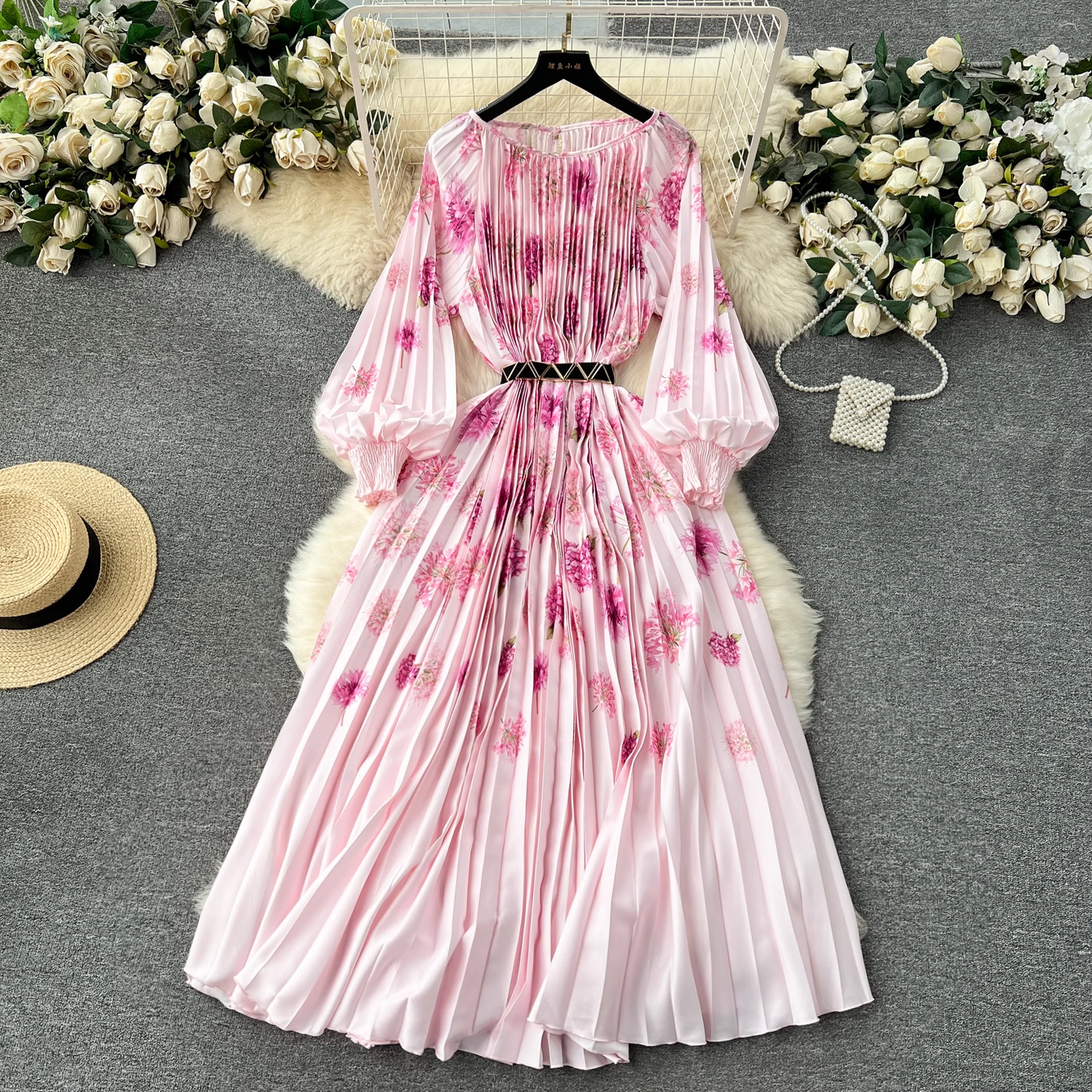 New women's dress printed pleated holiday long dress YM1179
