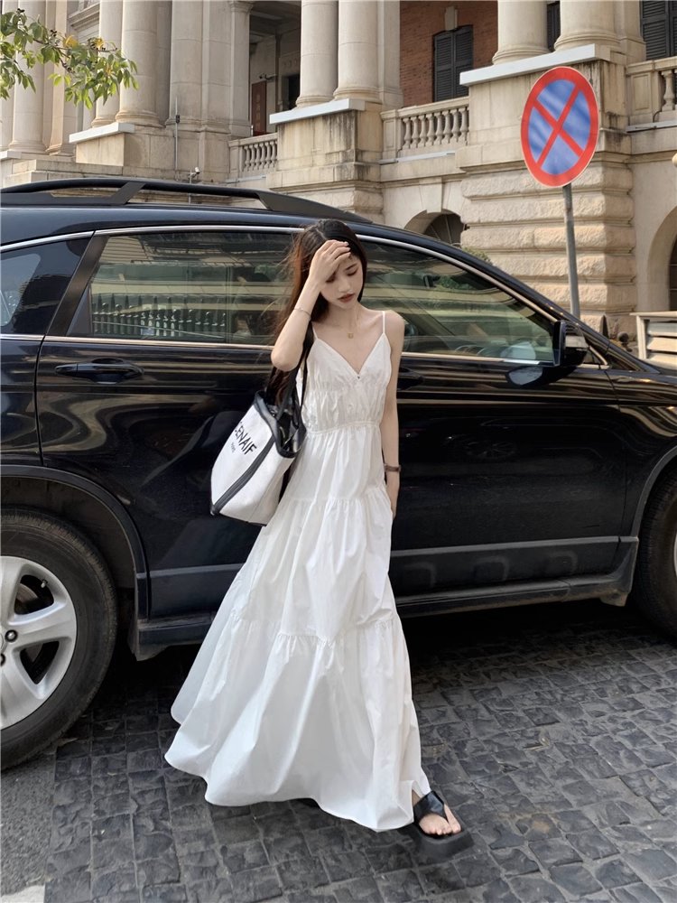 A-line V Neck White Dress YM1167