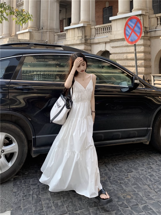 A-line V Neck White Dress YM1167