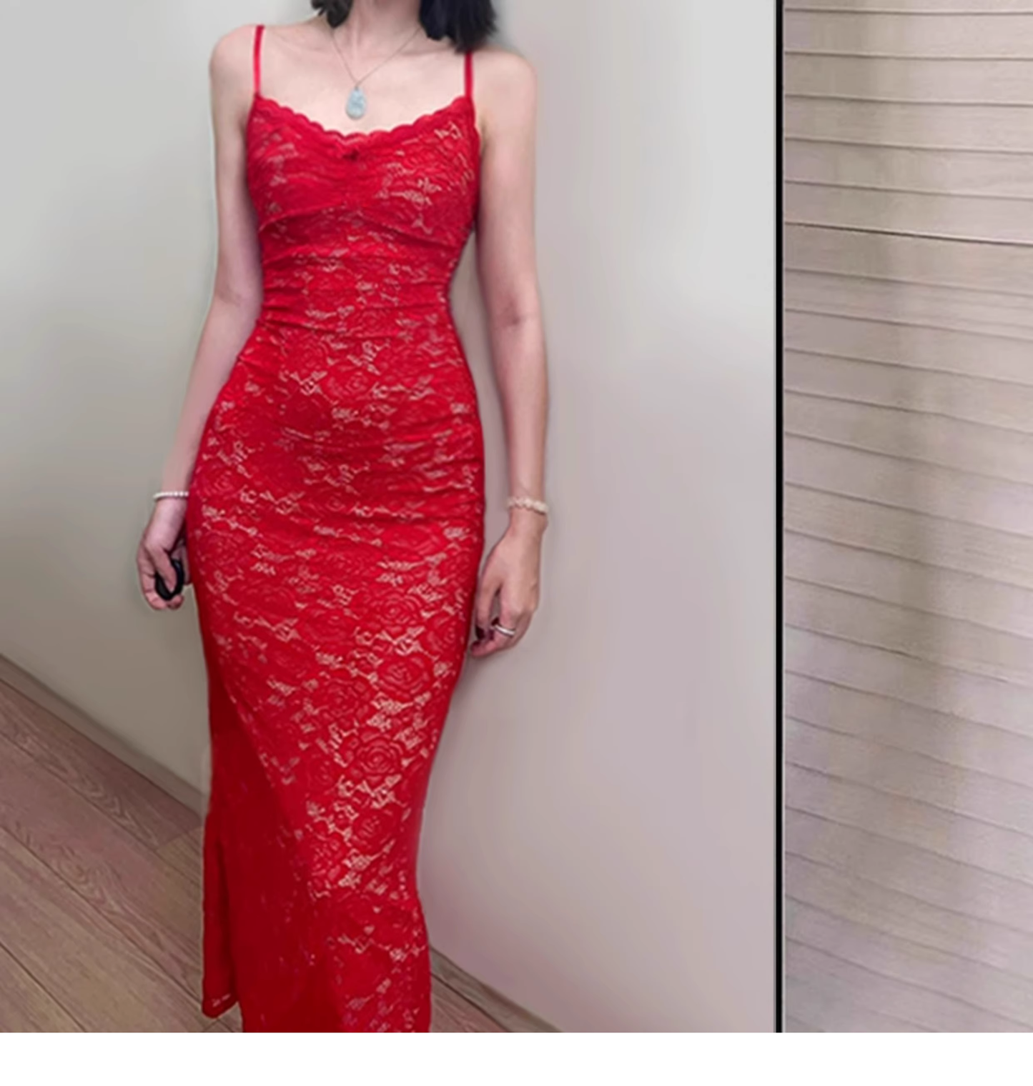 Pretty Straps Red V Neck Lace Vacation Dress Long Party Dress YM2199