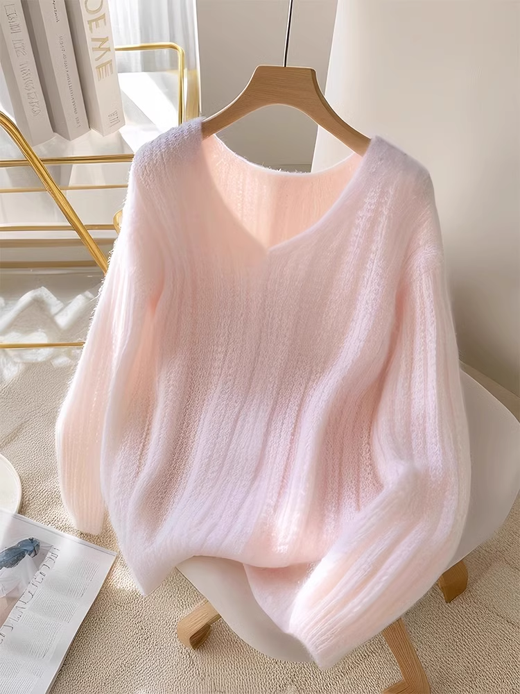 Pink V-neck loose knit sweater for women new style YM1895