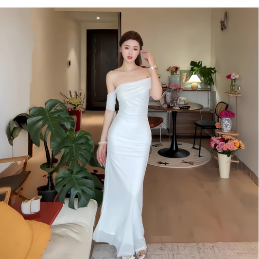 Elegant Off The Shoulder White Long Birthday Dress Vacation Dress YM2209