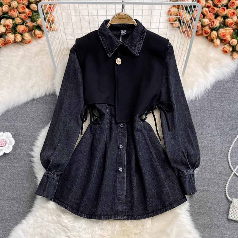 Fake two-piece vest lapel denim dress YM827 – ymprom
