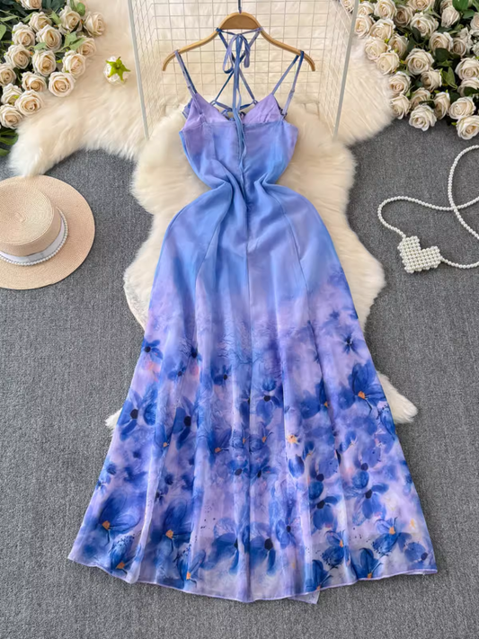 Ruffled patchwork slit oil painting print vacation dress YM1441