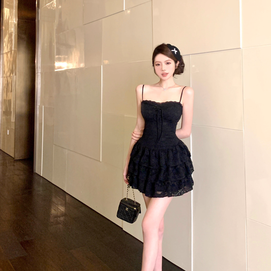 Black Sexy Lace Straps A Line Birthday Outfits Short Vacation Dress YM2190