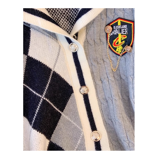 College Style Navy Collar Knitted Cardigan Women's Retro Diamond Pattern Jacket YM2282