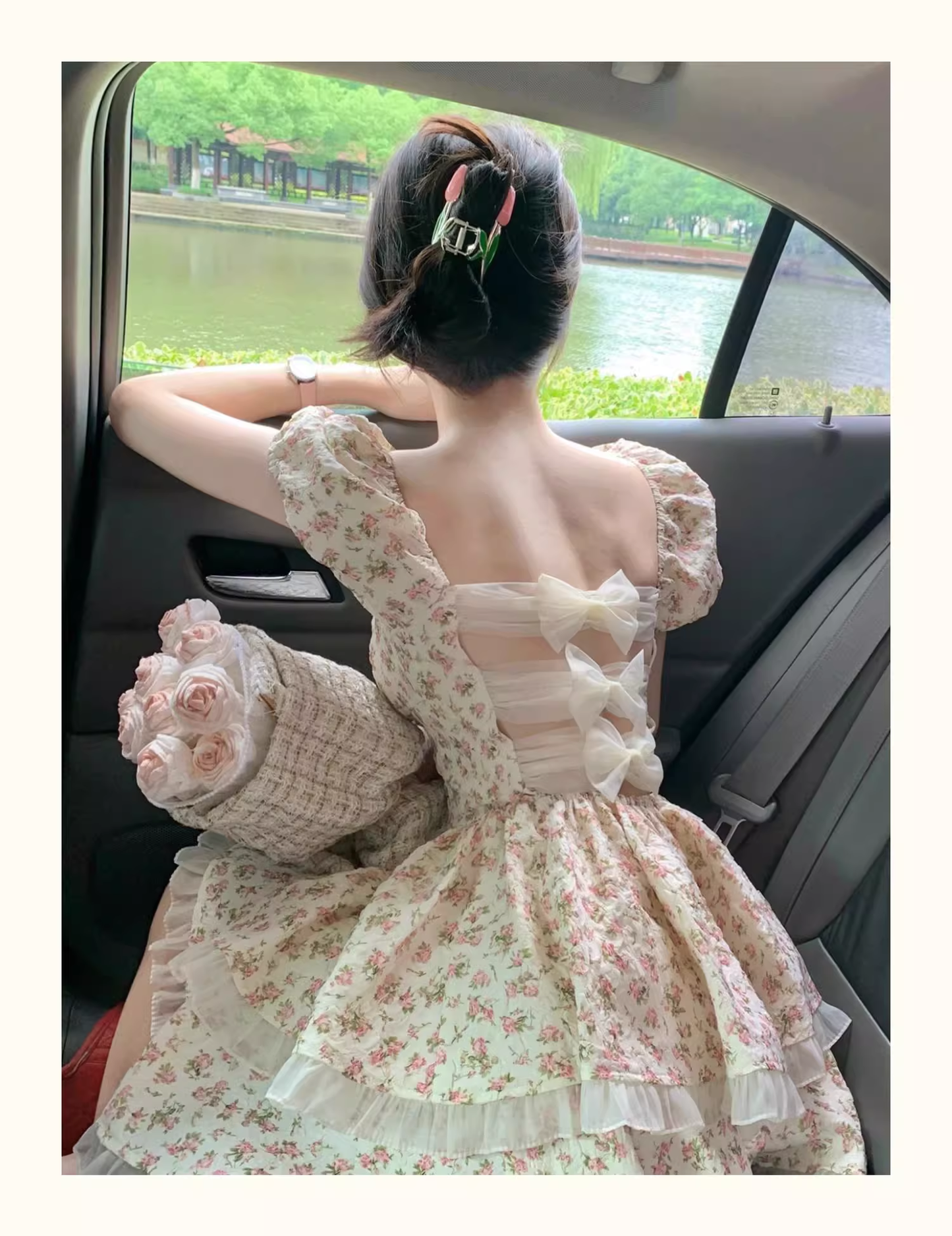 Floral dress with hollow bow on the back Princess Tutu Short Dress YM1506
