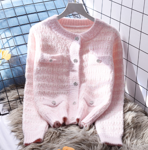 Blue Short Sweater Jacket Autumn And Winter Sweet Knitted Cardigan YM2365