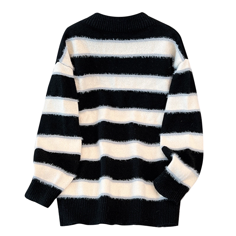Black Striped Knitted Sweater For Women, Fashionable And Slim Casual Sweater For Early Autumn YM2302