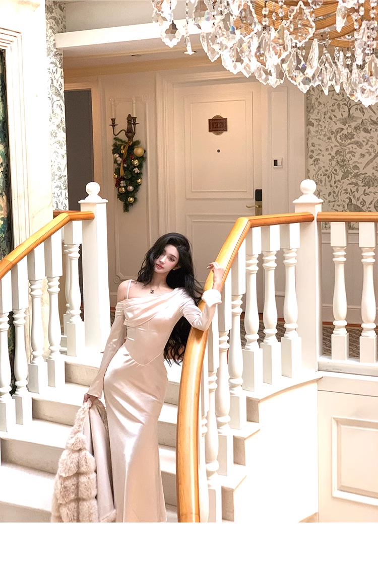 One Shoulder Long Sleeves Sexy Mermaid Evening Dress Party Dress YM1990