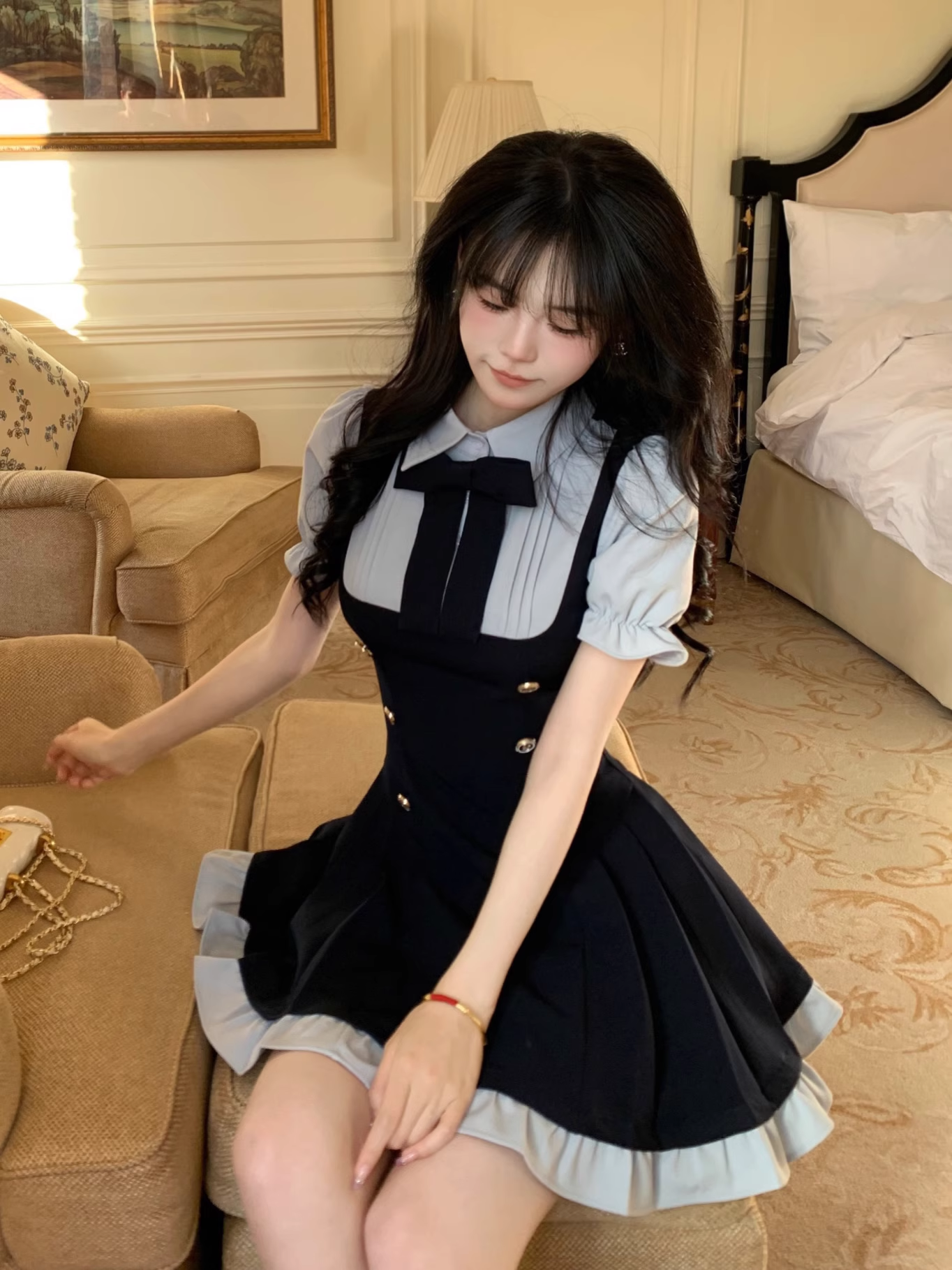 Preppy Style Fake Two-Piece Navy Blue Puff Sleeve Suspender Waist Party Dress YM2039