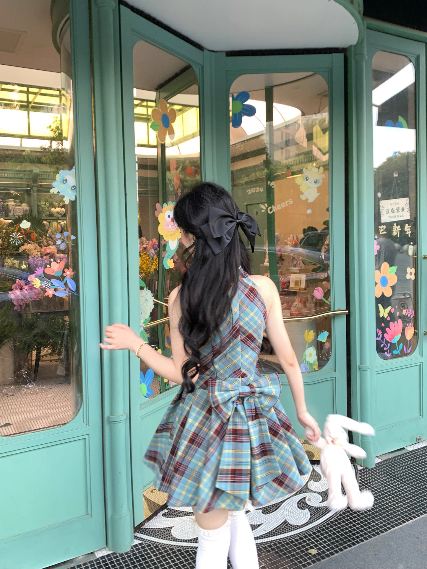 Retro Green British Style Sleeveless Bow Plaid Pleated Dress YM2038