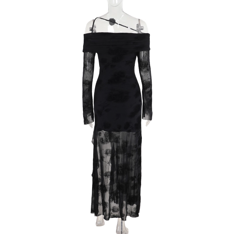 Charming Off The Shoulder Black Side Slit Long Holiday Dress Birthday Dress YM2220