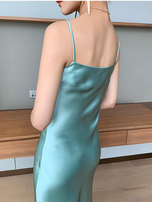 Simple Blue Spaghetti Straps Satin Long Party Dress Birthday Dresses YM2440