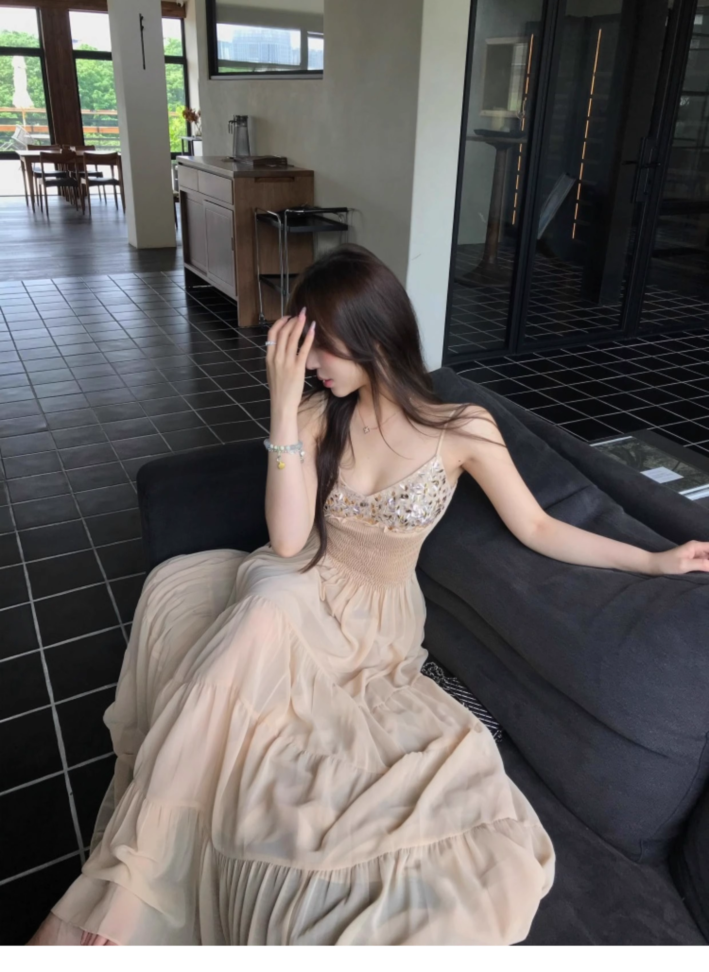 New chiffon sequin suspender dress YM1929