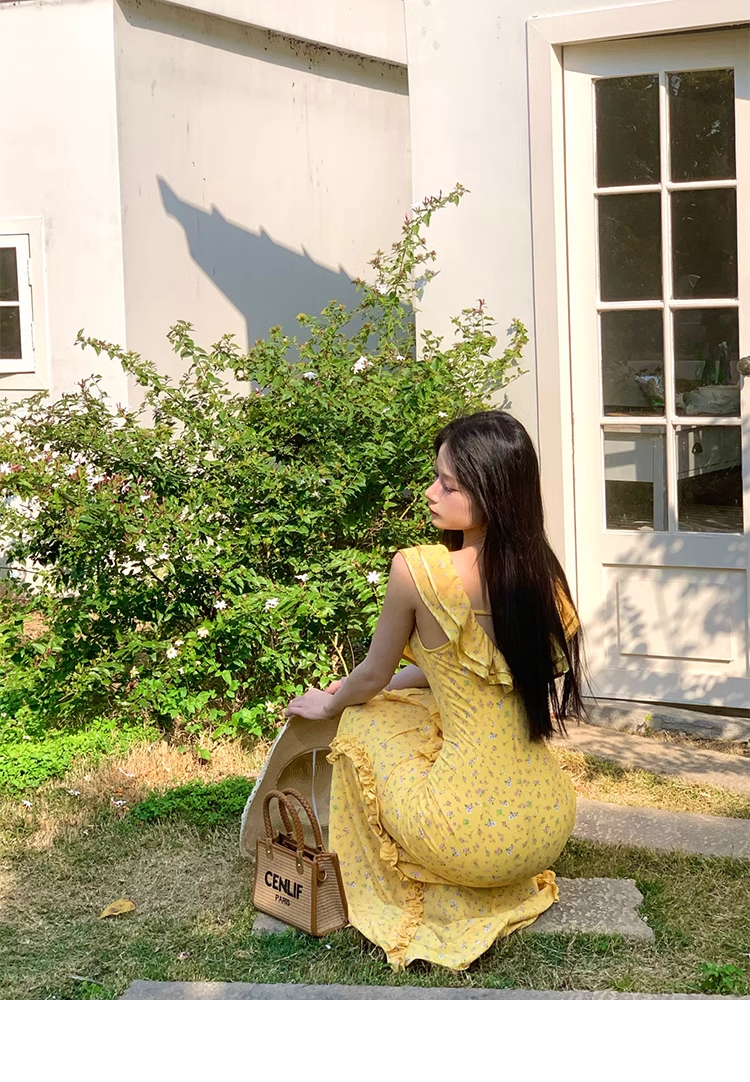 Pretty Off The Shoulder Chiffon Floral Ruffles Party Dress,Yellow Prom Dress YM1987