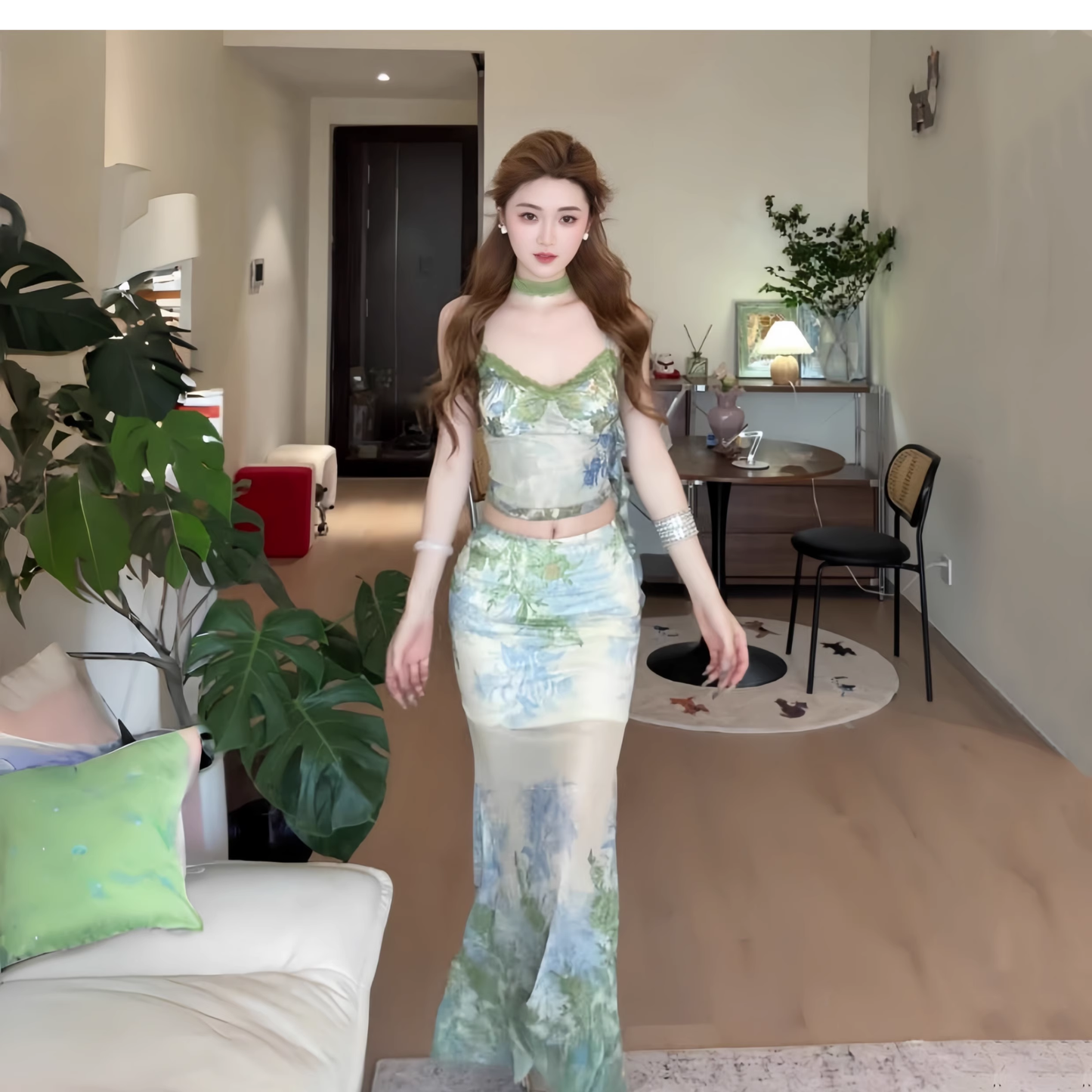 New Green Spaghetti Straps Mermaid Vacation Dress Long Party Dress Two Piece YM2241