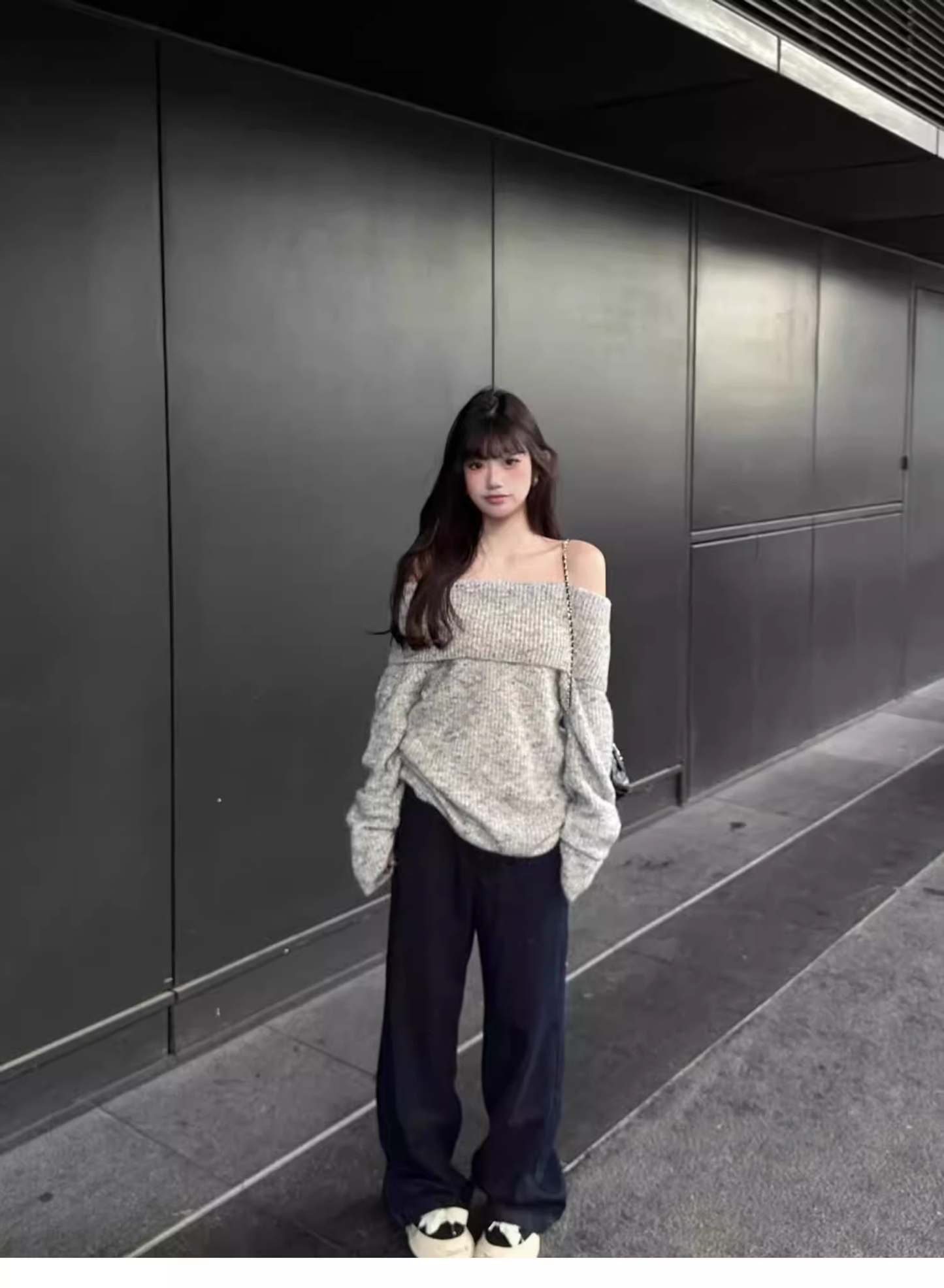 Gray Off-shoulder Pullover Sweater YM2398