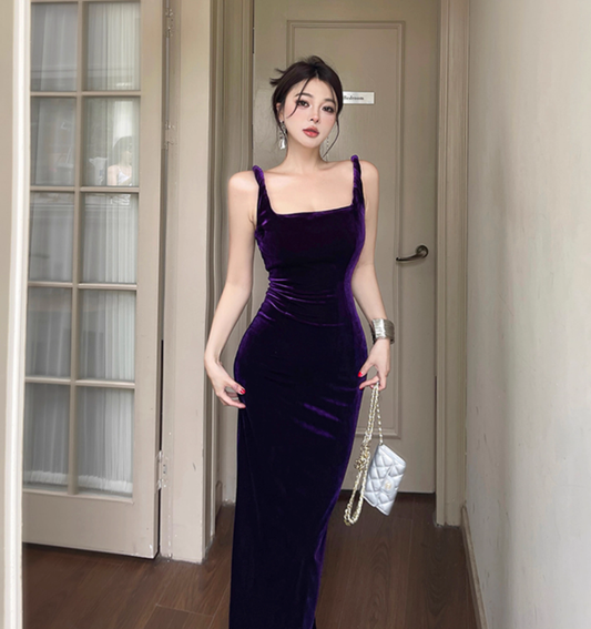 Charming Spaghetti Straps Purple Velvet Sheath Long Birthday Dress Sleeveless Holiday Dress YM2238