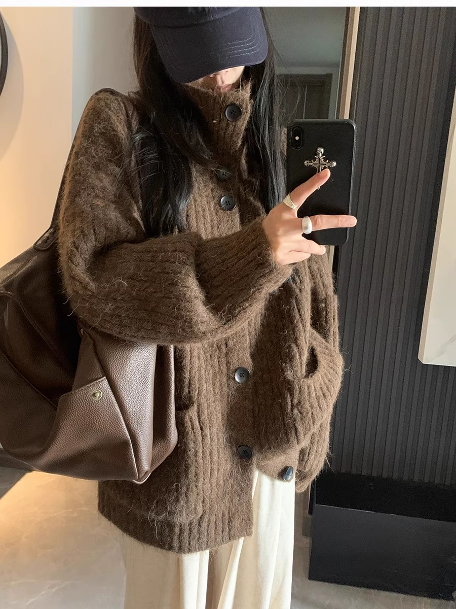 Gray Soft Turtleneck Cardigan Sweater Coat Loose Mid-length Knitwear YM2404