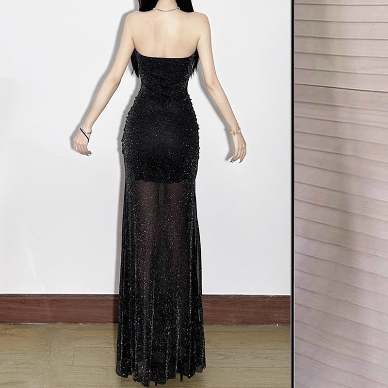 Glitter Black Sweetheart Neck Long Party Dress Vacation Dress YM2201