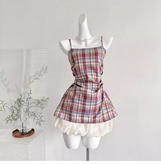 Plaid Suspender Dress A Line Mini Birthday Dress YM2093