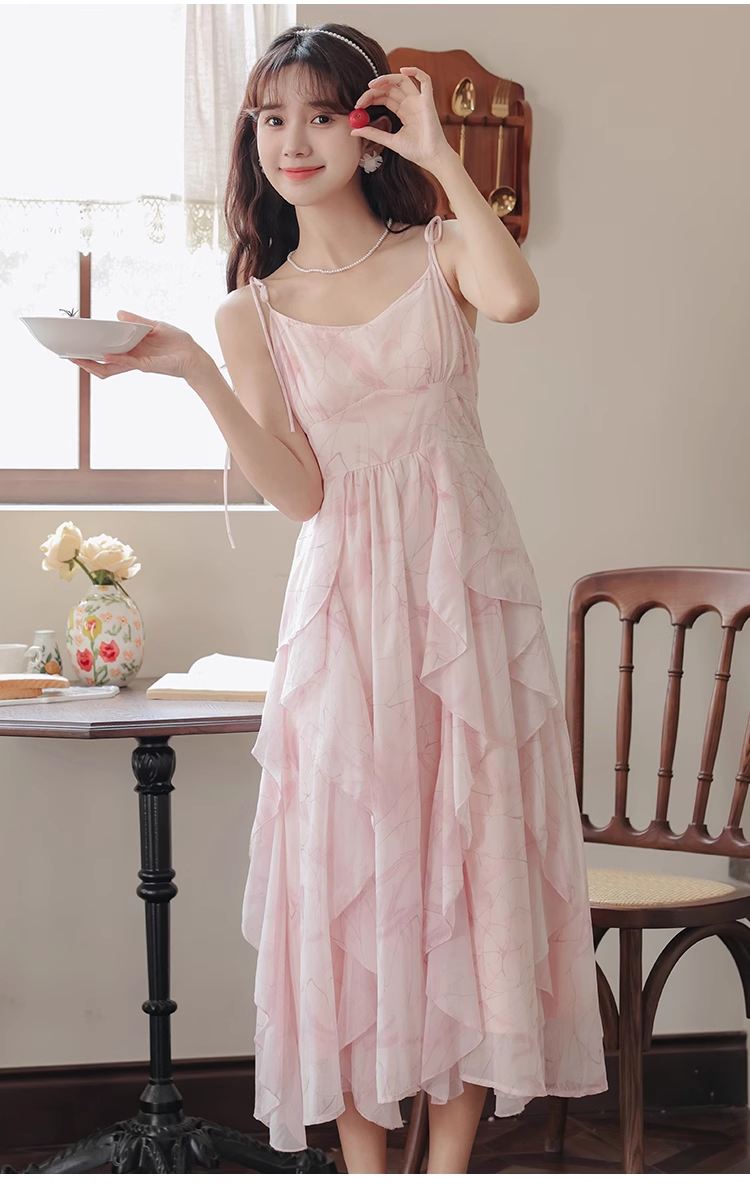 Pink ruffled chiffon suspender dress for women summer YM1188