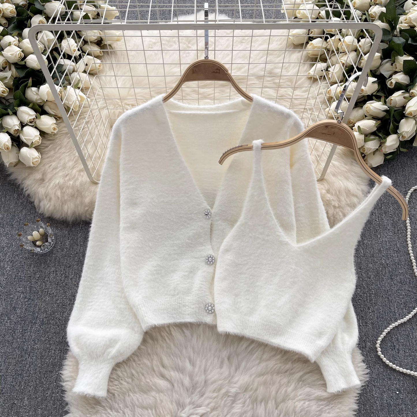 Fashion plush suit autumn and winter camisole + cardigan jacket sweater suit YM538