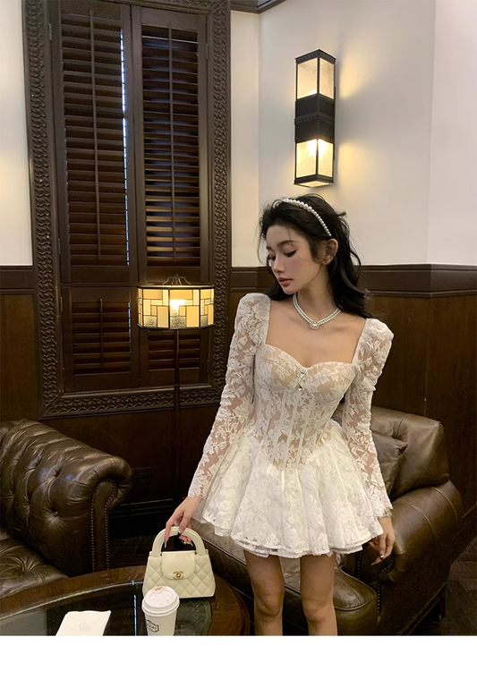 White Lace Sexy A Line Mini Party Dress,Birthday Outfits YM1982